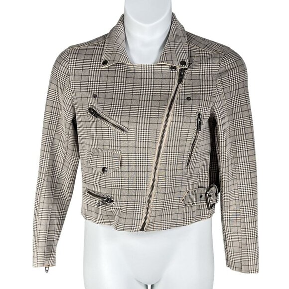 BlankNYC S Windowpane Plaid Moto Jacket Asymmetrical Zip Pockets Faux Suede Chic - Picture 4 of 16